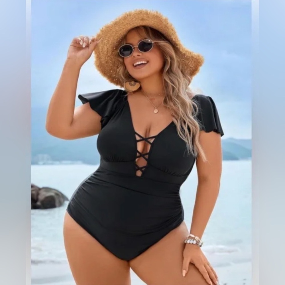 Women’s Black Ruffle Sleeve Tummy Control Swimsuit Bathing Suit One Piece XL NWT